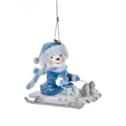 Kurt Adler Seated Blue Snowman Sledding Ornament