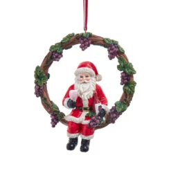 Kurt Adler Red Wine Vineyard Santa On Wreath Ornament
