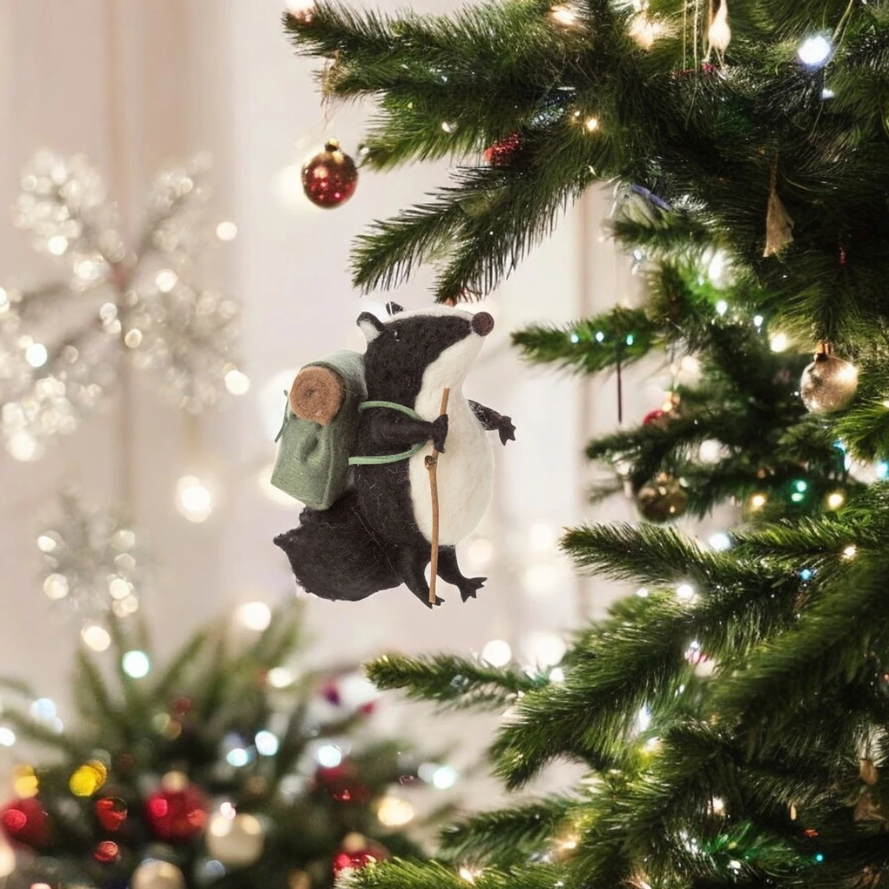 Felt Hiking Badger Ornament With Walking Stick And Backpack 2 Felt Hiking Badger Ornament With Walking Stick And Backpack - Image 2