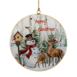 Snowman And Deer Merry Christmas Disc Ornament