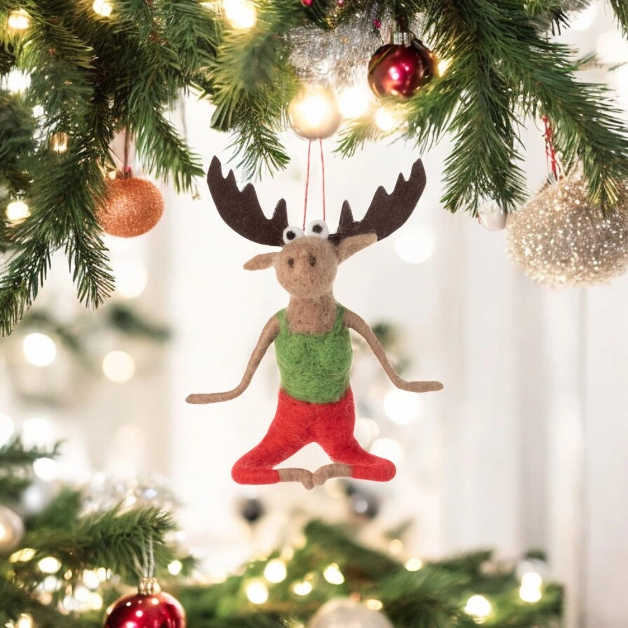 Felt Moose Yoga Pose Ornament In Green Top 2 Felt Moose Yoga Pose Ornament In Green Top - Image 2
