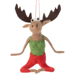 Felt Moose Yoga Pose Ornament In Green Top