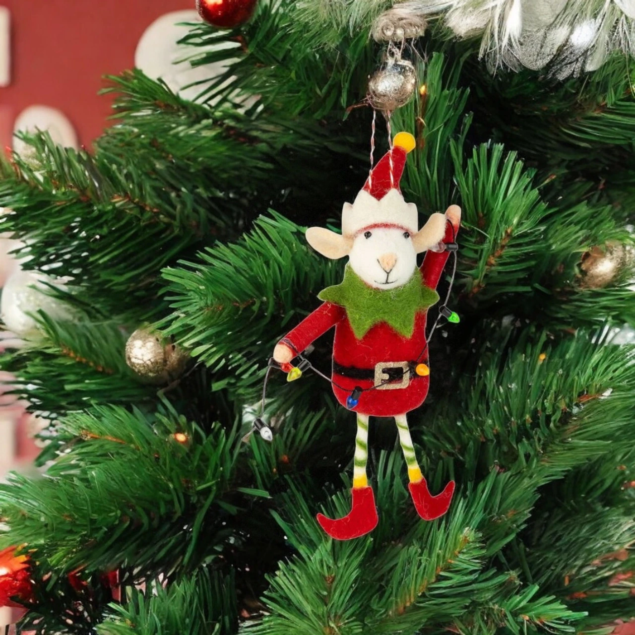 Felt Elf Mouse In Red Suit Holding Christmas Lights Ornament 2 Felt Elf Mouse In Red Suit Holding Christmas Lights Ornament - Image 2