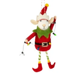 Felt Elf Mouse In Red Suit Holding Christmas Lights Ornament