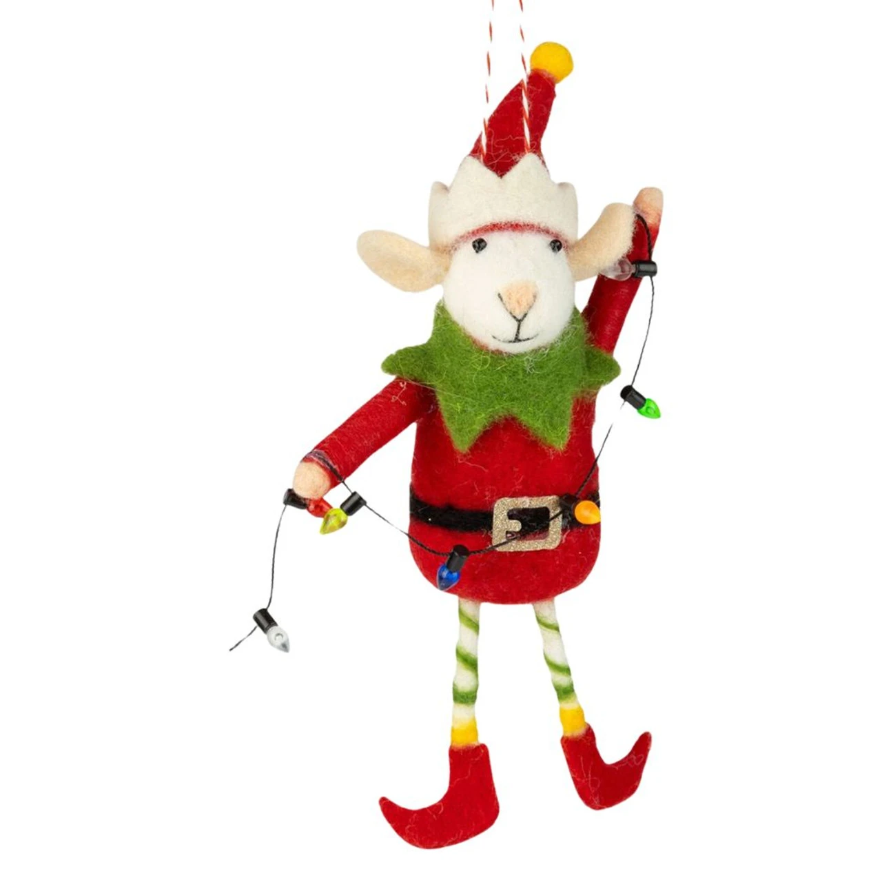 Felt Elf Mouse In Red Suit Holding Christmas Lights Ornament 1 Felt Elf Mouse In Red Suit Holding Christmas Lights Ornament