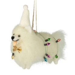 Felt White Dog Wrapped In Festive Lights Ornament