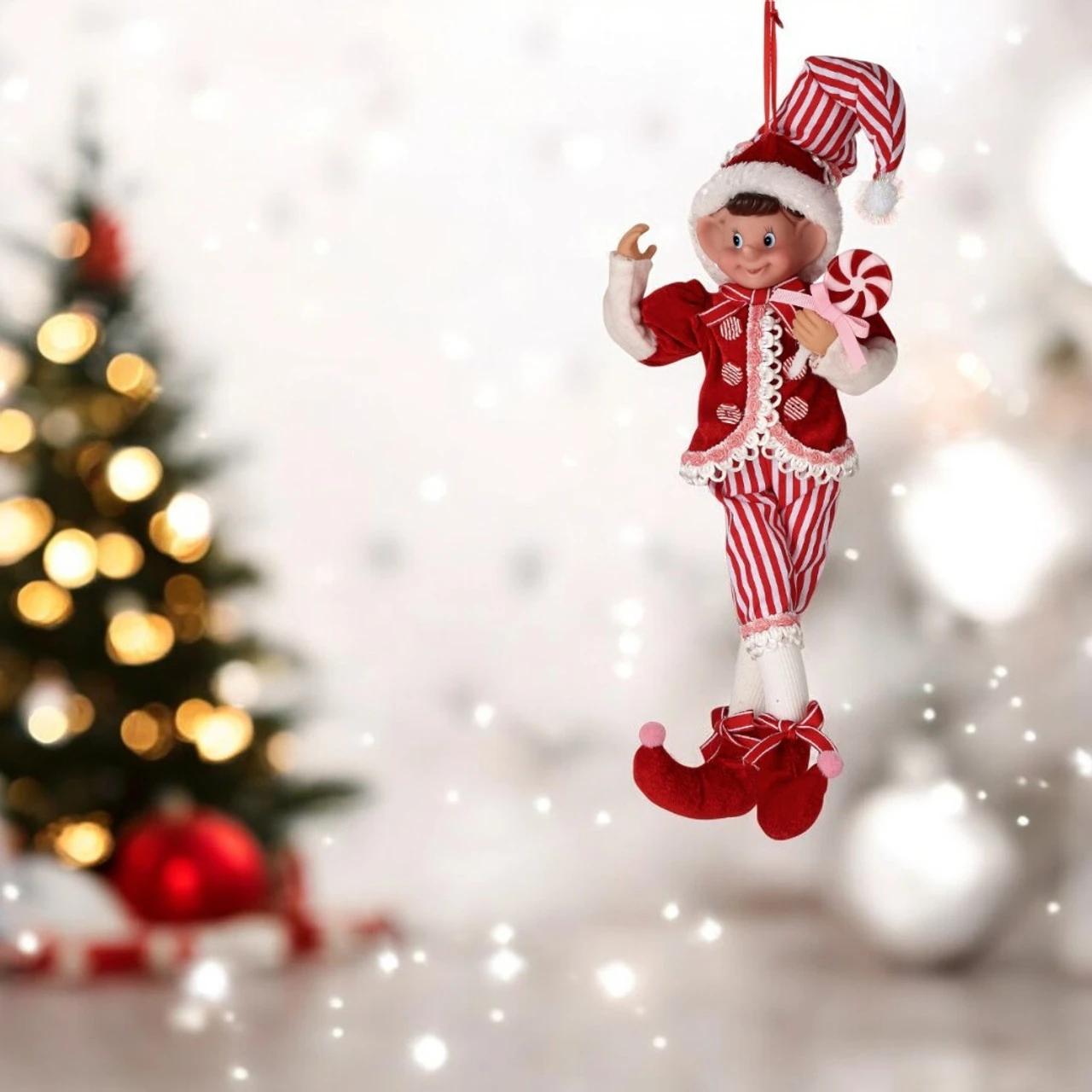 Large Fabric Red Sweets Pixie Elf Ornament 2 Large Fabric Red Sweets Pixie Elf Ornament - Image 2