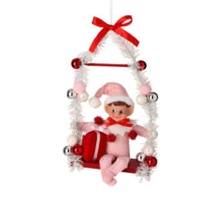 Pink Pixie Elf On Candy Swing Ornament