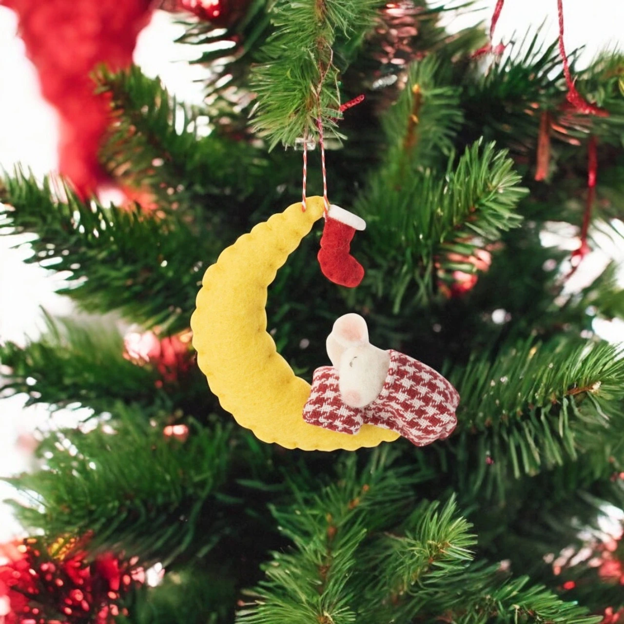 Felt Mouse Under Crescent Moon Ornament 2 Felt Mouse Under Crescent Moon Ornament - Image 2