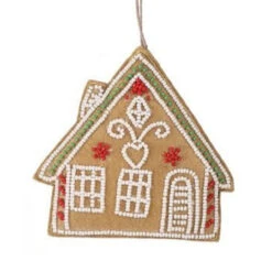 Embroidered & Beaded Gingerbread House Ornament β Green Roof