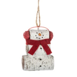 Birch Snowman With Red Scarf Ornament