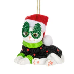 Navidad Cat With Green Tree Glasses Ornament