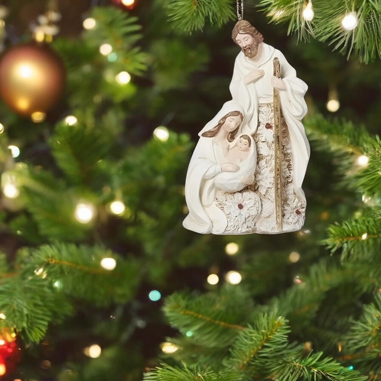 Poinsettia Pattern Holy Family Ornament 2 Poinsettia Pattern Holy Family Ornament - Image 2