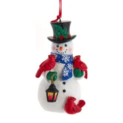 Kurt Adler Snowman With Cardinals And Lantern Ornament