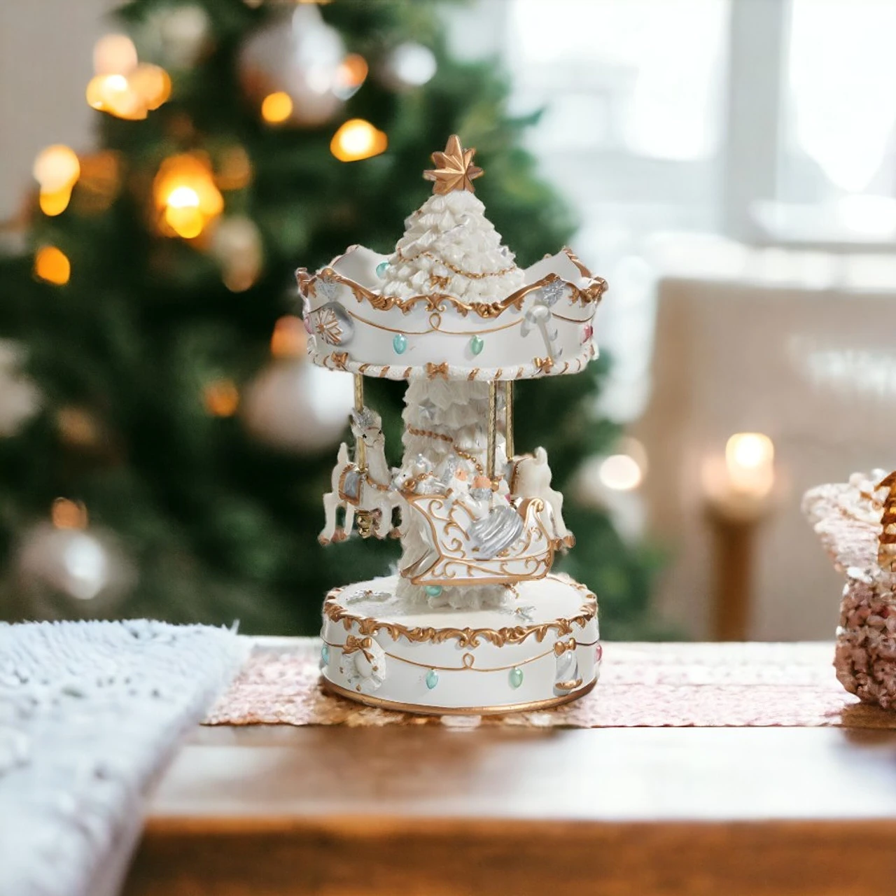 Animated White Santa Sleigh Carousel Musical 2 Animated White Santa Sleigh Carousel Musical - Image 2