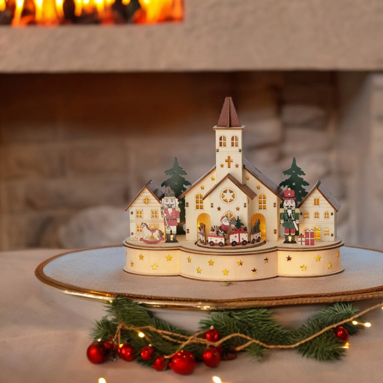 Lumineo LED Wood Village Church With Train Scene With Music And Motion 2 Lumineo LED Wood Village Church With Train Scene With Music And Motion - Image 2