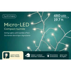 Lumineo 480 Micro-LED Compact Twinkle Lights Warm White On Silver Wire, 19.7 Ft