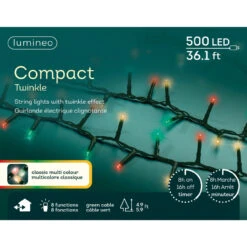 Lumineo 500 LED Classic Multi Color Compact Twinkle Lights, Green Wire, 36 Ft