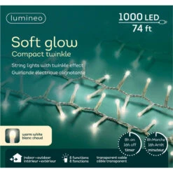 Lumineo 1,000 LED Warm White Soft Glow Compact Twinkle Light, Transparent Wire