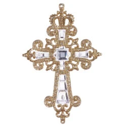 Jeweled Glittering Gold Cross Ornament With Square Gem