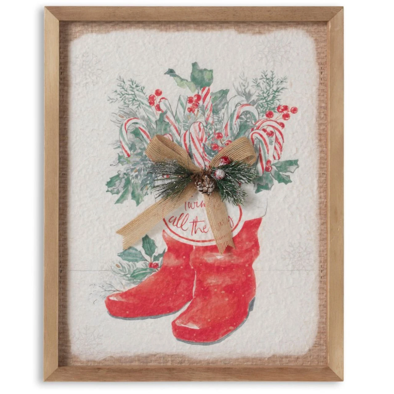 14 Inch Santa Boots Wall Decor With Burlap Bow & Pine 1 14 Inch Santa Boots Wall Decor With Burlap Bow & Pine