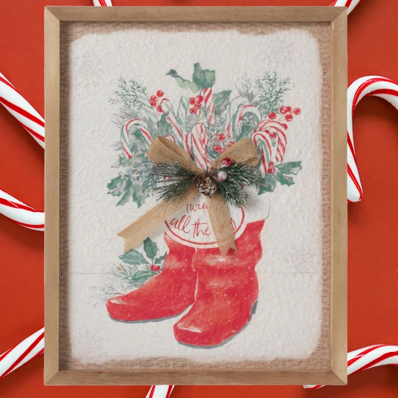 14 Inch Santa Boots Wall Decor With Burlap Bow & Pine 2 14 Inch Santa Boots Wall Decor With Burlap Bow & Pine - Image 2