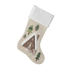 House Christmas Stocking With Cabin And Trees