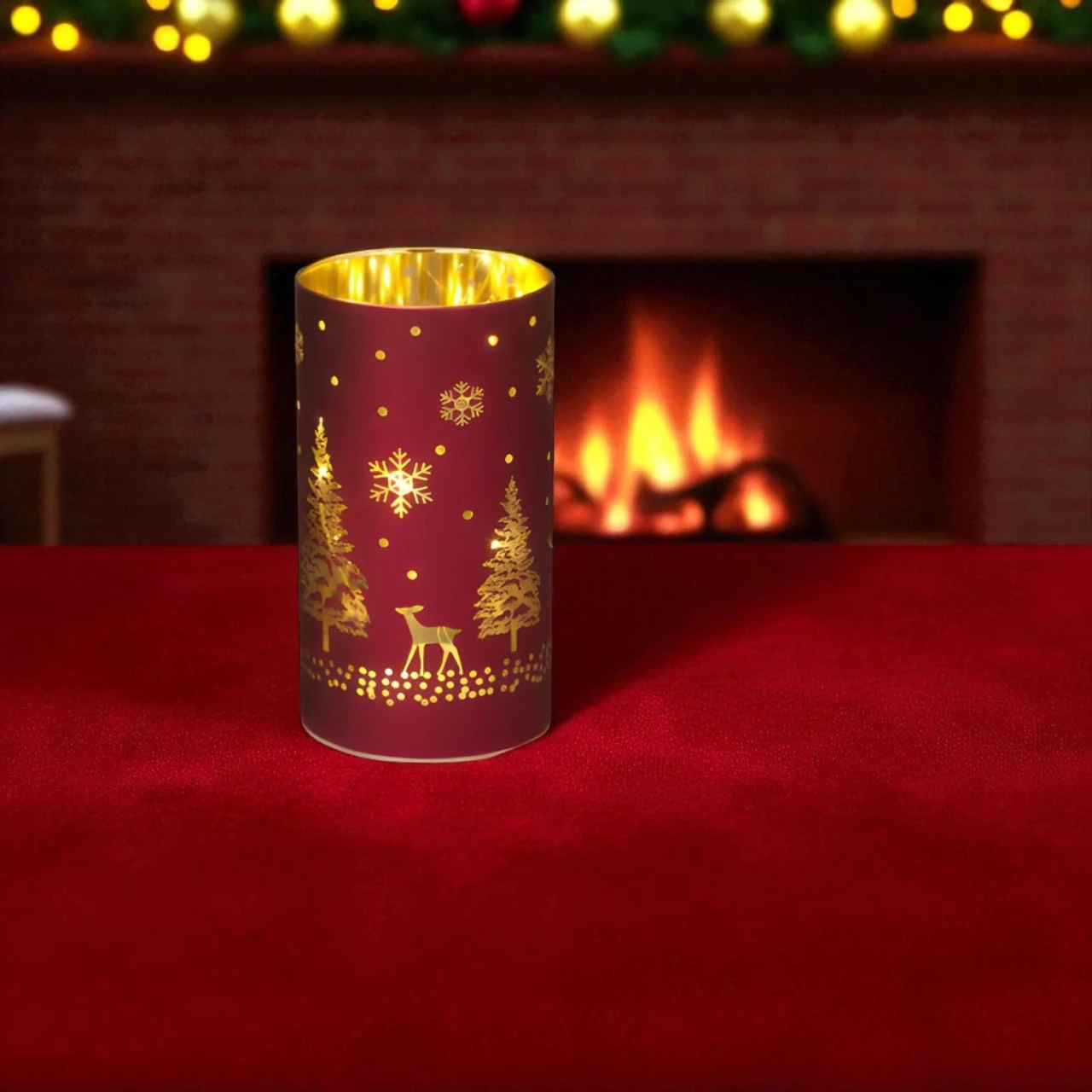 Lighted Red Holiday Glass Cylinder Luminary 2 Lighted Red Holiday Glass Cylinder Luminary - Image 2