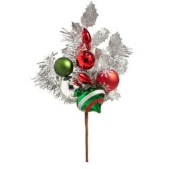 Silver Tinsel Pick- Red Bulbs