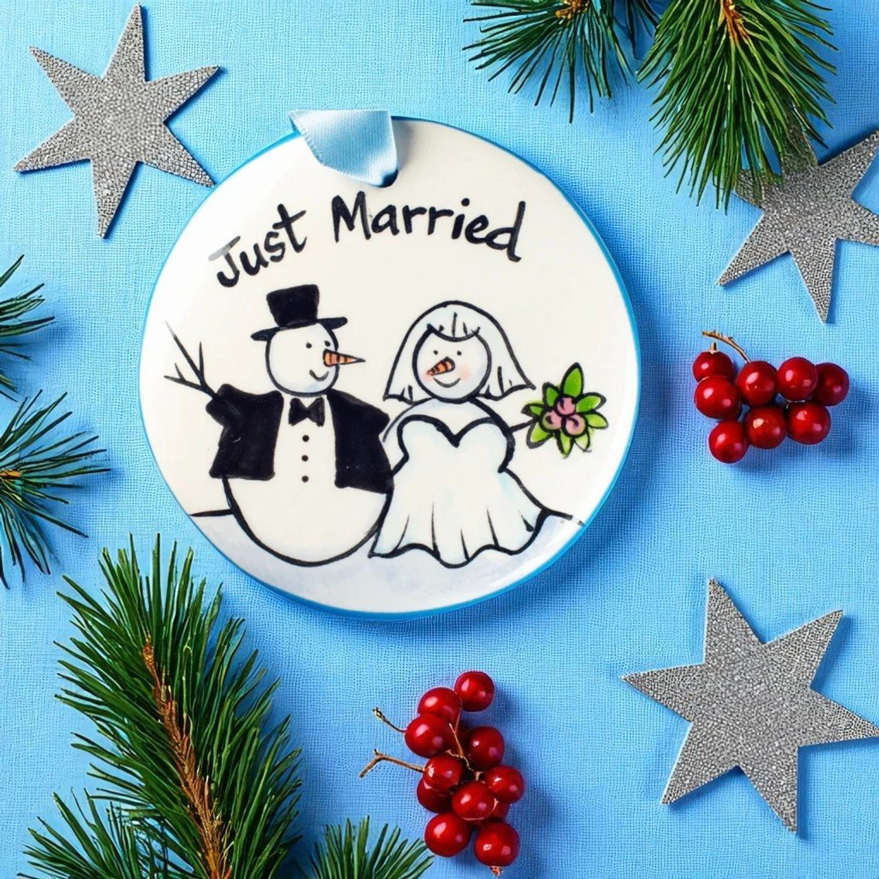 Nola Watkins Just Married Snow Couple Hand Painted Ornament 2 Nola Watkins Just Married Snow Couple Hand Painted Ornament - Image 2