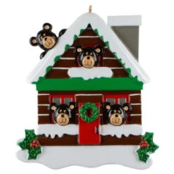 Log Cabin Bears Family Of 4 Personalized Ornament