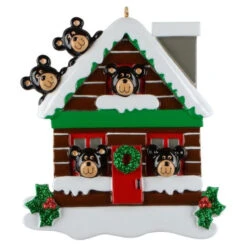 Log Cabin Bears Family Of 5 Personalized Ornament