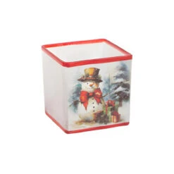 Frosted Snowman With Gold Hat Glass Candle Holder