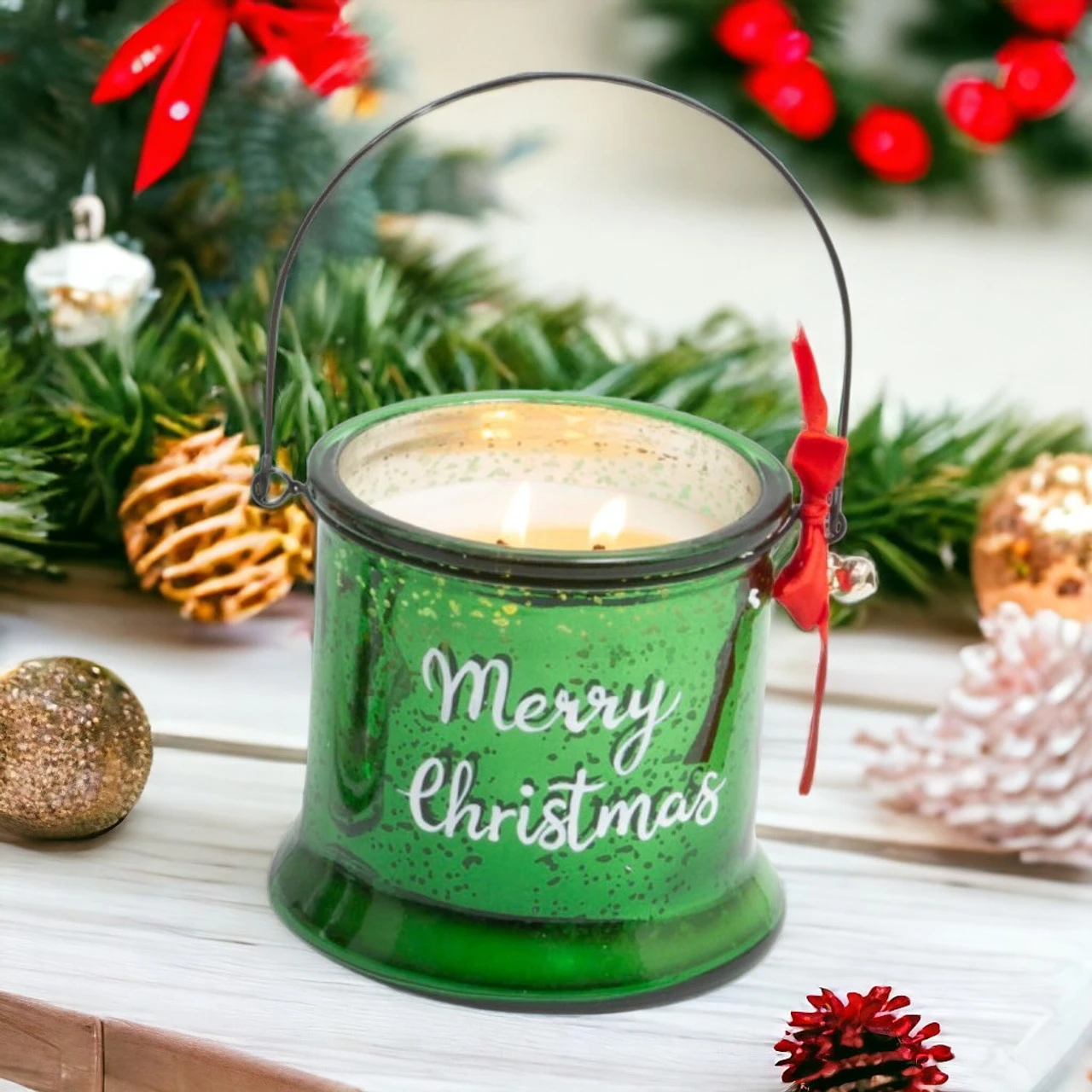 Green Mercury Glass Jar Wax Candle With Handle - Festive Light 2 Green Mercury Glass Jar Wax Candle With Handle - Festive Light - Image 2