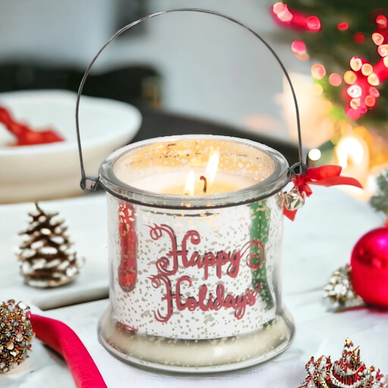 Silver Mercury Glass Candle With Handle - Happy Holidays 2 Silver Mercury Glass Candle With Handle - Happy Holidays - Image 2