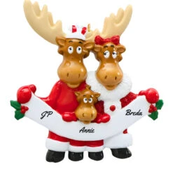 Personalized Moose Family Of 3 With Banner Ornament