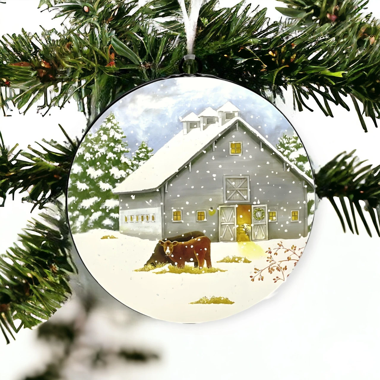 Christmas Loft Shop -Christmas Loft Shop Barn With Cows Round Metal Ornament scene 49598.1709151766 1