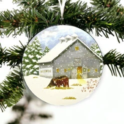 Barn With Cows Round Metal Ornament -Christmas Loft Shop Barn With Cows Round Metal Ornament scene 49598.1709151766