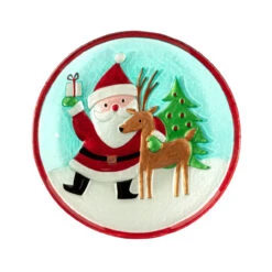 Dancing Santa And Reindeer Glass Serving Plate