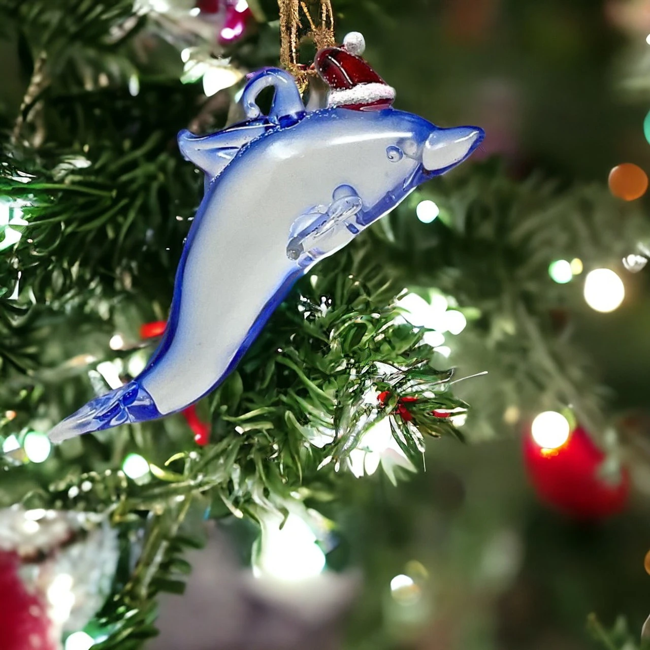 Santa Hat Dolphin With Tail Up Ornament 2 Santa Hat Dolphin With Tail Up Ornament - Image 2