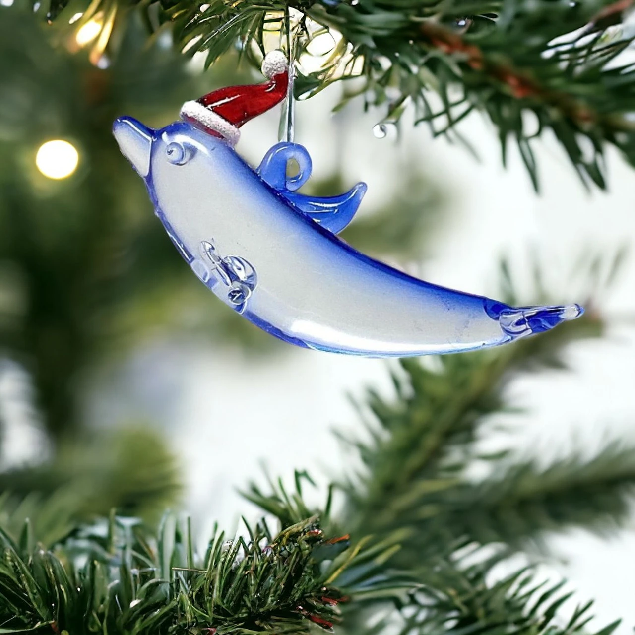Santa Hat Dolphin With Tail Down Ornament 2 Santa Hat Dolphin With Tail Down Ornament - Image 2