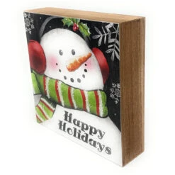 Wooden Picture Block Of Snowman Inscribed With Happy Holidays