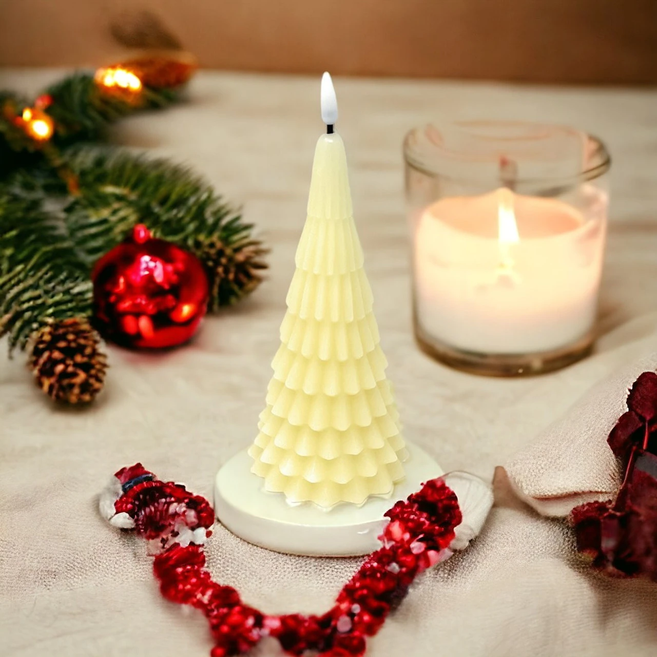 Lumineo 8" Cream Wax Tree Candle - Battery Operated, Timer - Image 2