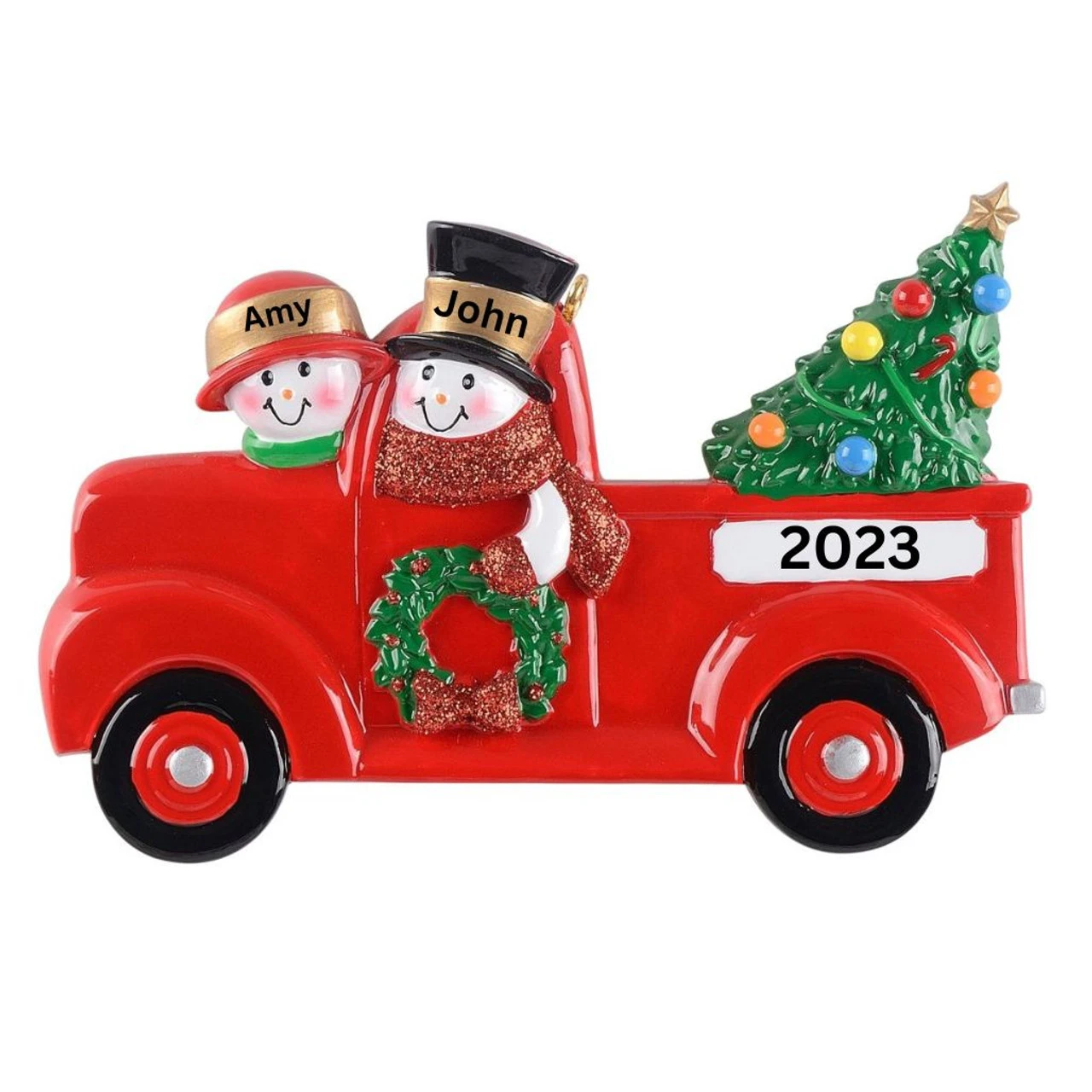 Personalized Snowman Couple In Red Truck Ornament 2 Personalized Snowman Couple In Red Truck Ornament - Image 2