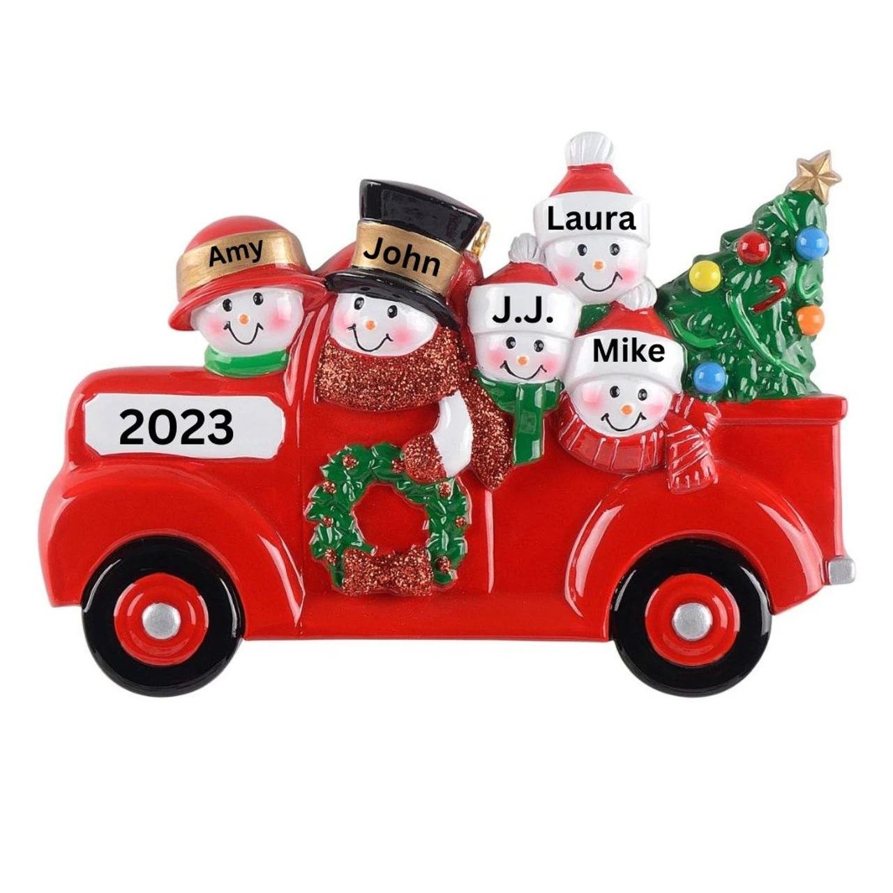 Personalized Snowman Family Of 5 In Red Truck Ornament - Image 2