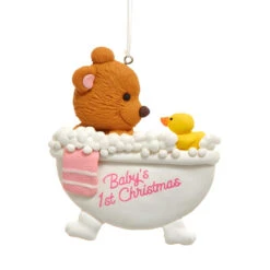 Kurt Adler Pink Bear Tub First Christmas Ornament