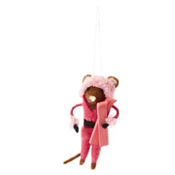 Pink Mouse Holding Skis Ornament