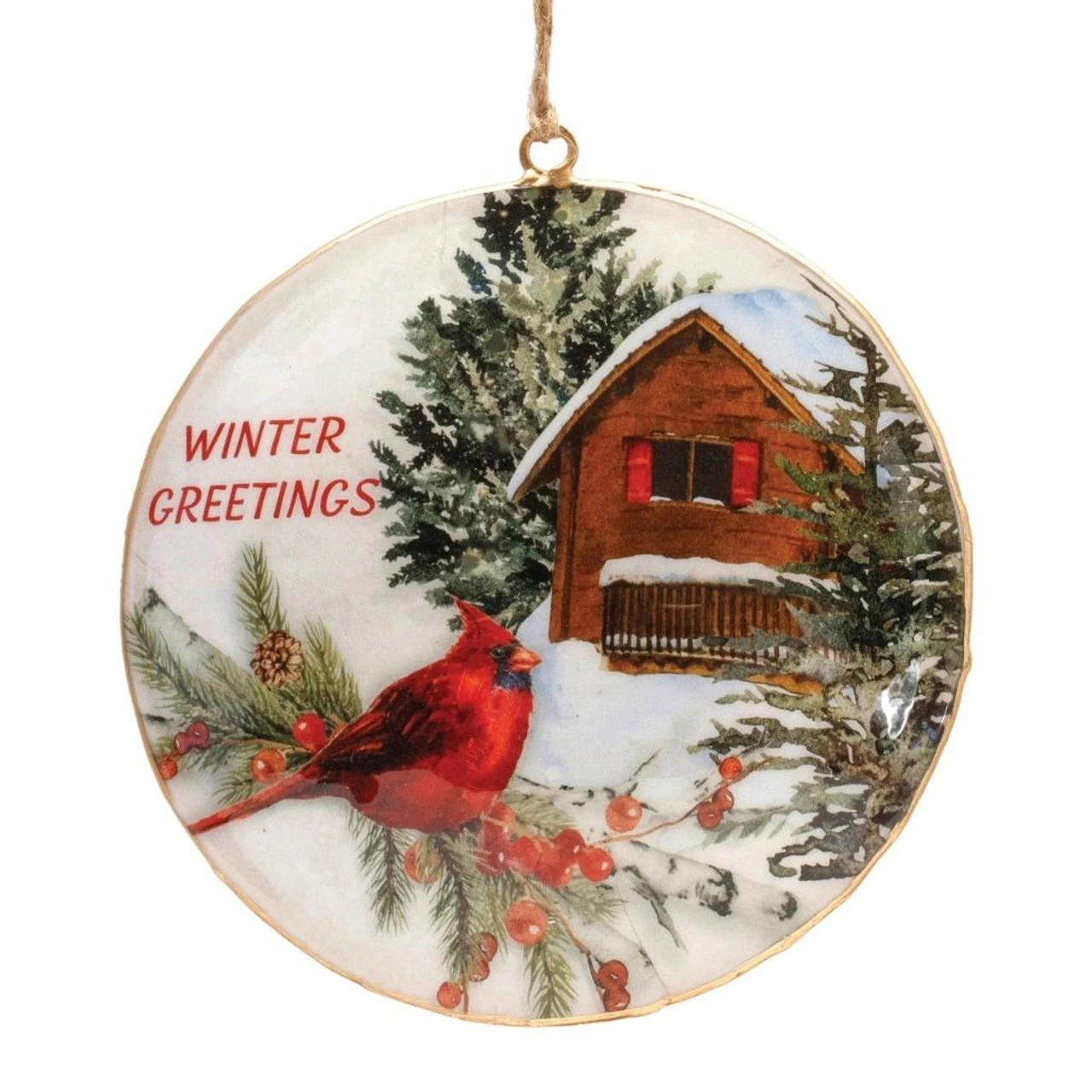Winter Greetings Cardinal Disc Hanging Ornament 1 Winter Greetings Cardinal Disc Hanging Ornament
