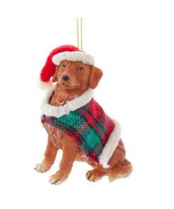 Kurt Adler Golden Retriever With Plaid Coat And Santa Hat Ornament