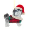 Kurt Adler Grey Shih-Tzu With Plaid Coat And Santa Hat Ornament